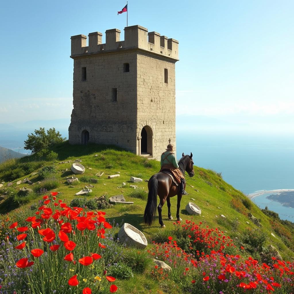 A semi-dilapidated square Frankish tower atop a hill scattered with ancient relics and vibrant red poppies