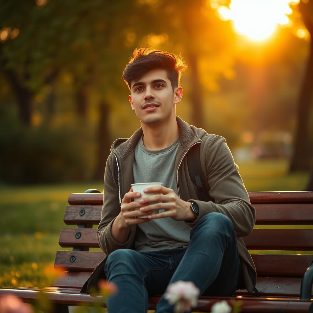 A young man with a composed expression sitting alone on a park bench, immersed in deep thought