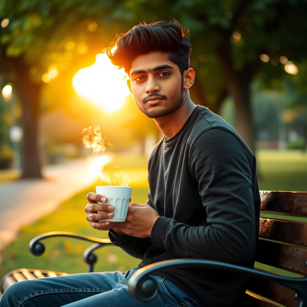 A young man named Arun with a composed expression, sitting alone on a stylish park bench in a serene park