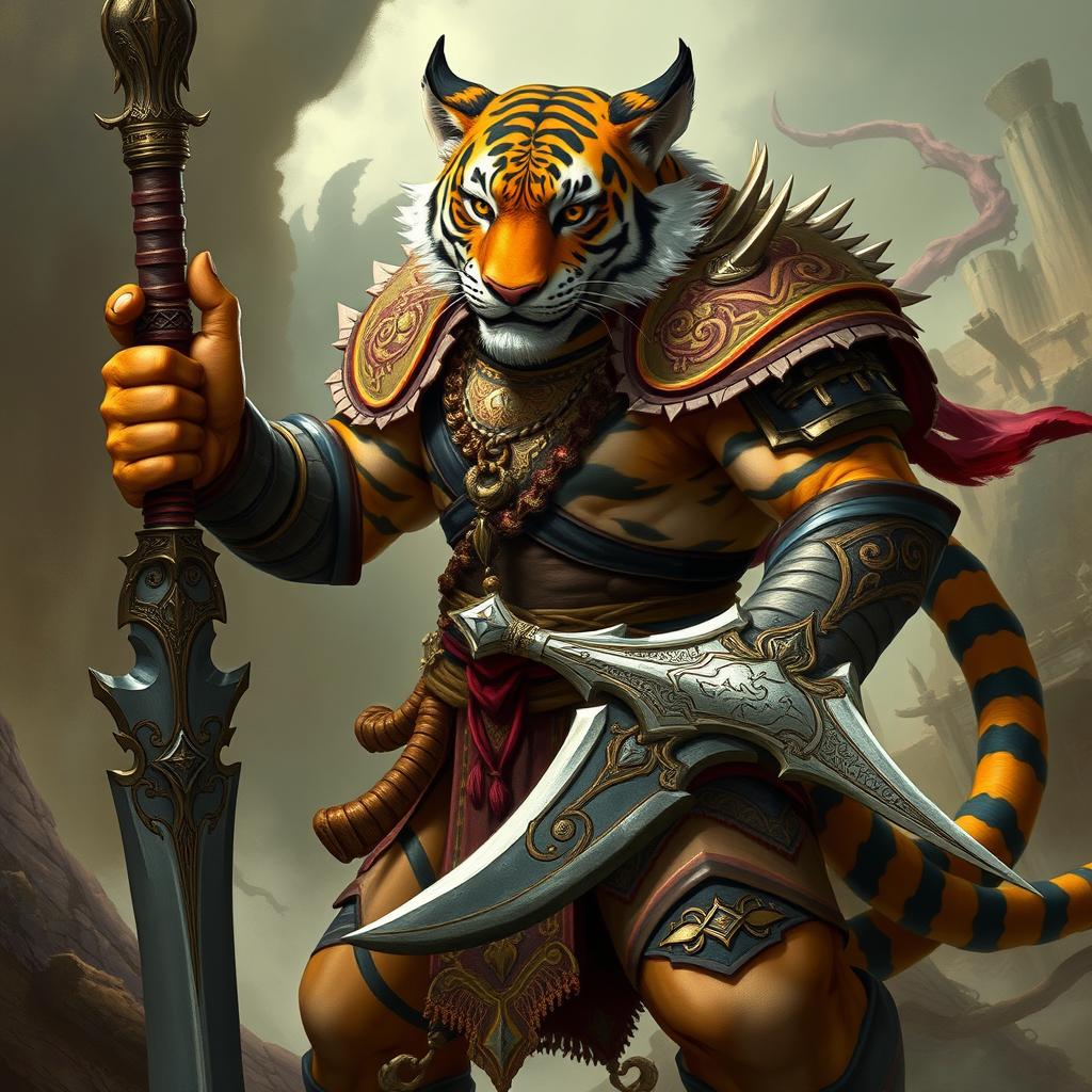 An anthropomorphic tiger character depicted as a Tabaxi man, embodying the essence of a fierce fantasy fighter