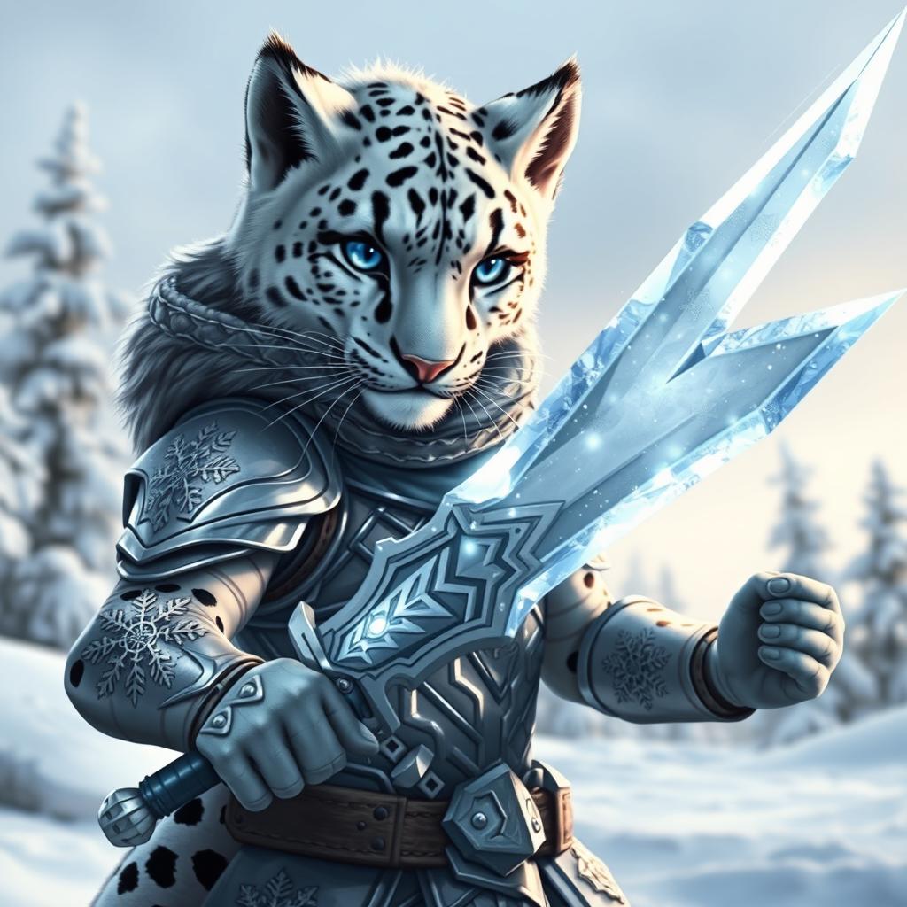 An anthropomorphic snow leopard character depicted as a Tabaxi, embodying an androgynous fantasy fighter