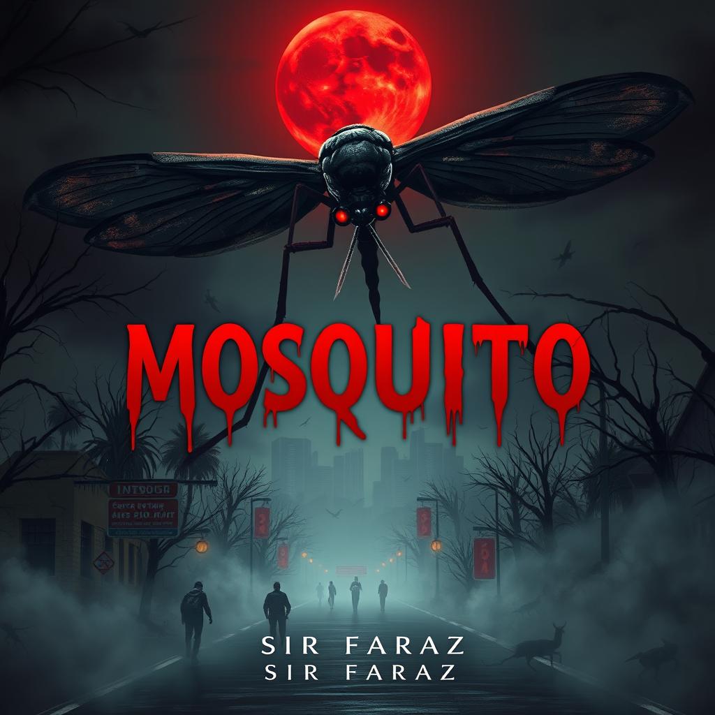 A dark, eerie swamp scene under a blood-red moon, featuring a massive, mutated mosquito with glowing red eyes and a razor-sharp proboscis hovering menacingly above