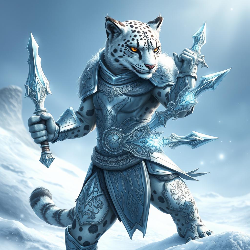 A realistic anthropomorphic snow leopard character depicted as a Tabaxi, showcasing androgynous features and fantasy fighter aesthetics