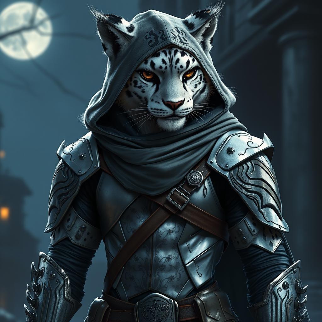 A realistic anthropomorphic Tabaxi snow leopard character depicted as an androgynous rogue, showcasing detailed and lifelike anatomy that highlights agility and stealth
