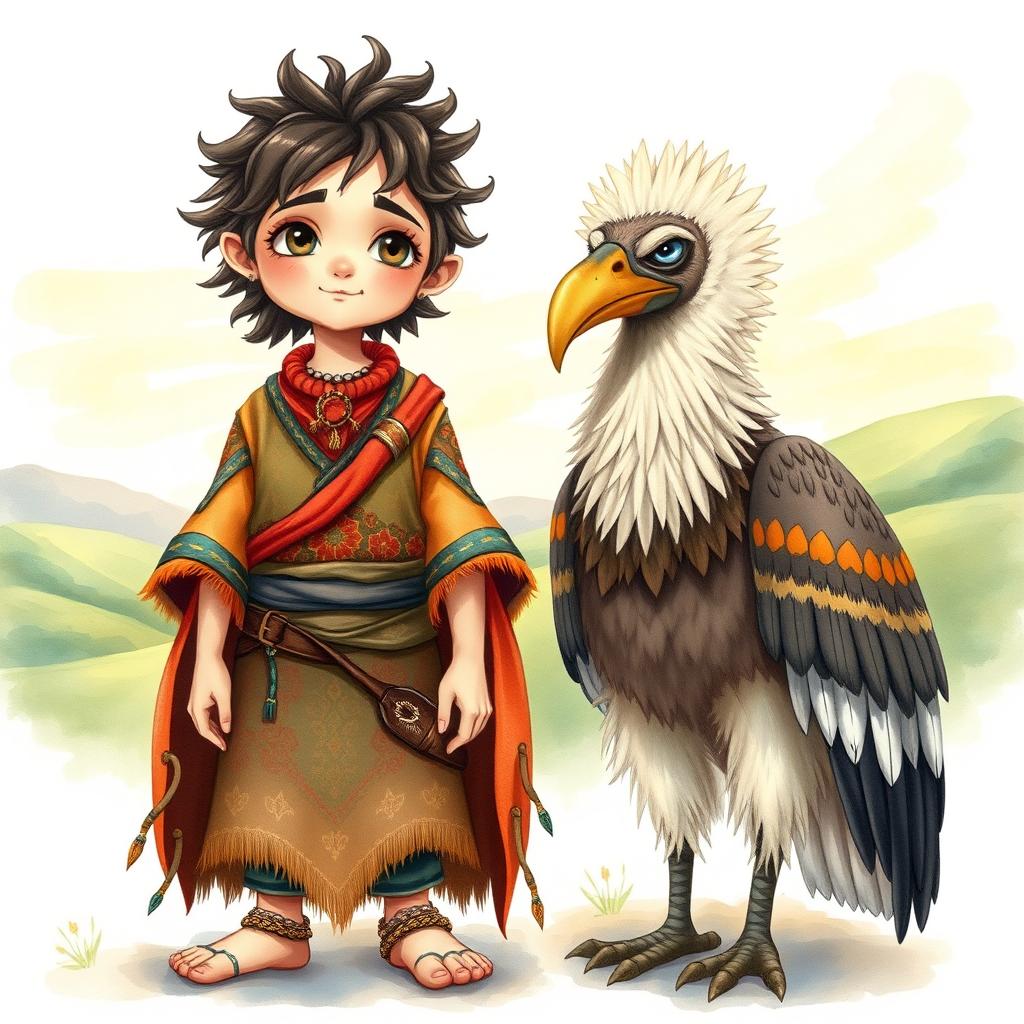 A whimsical fantasy character accompanied by a majestic bearded vulture