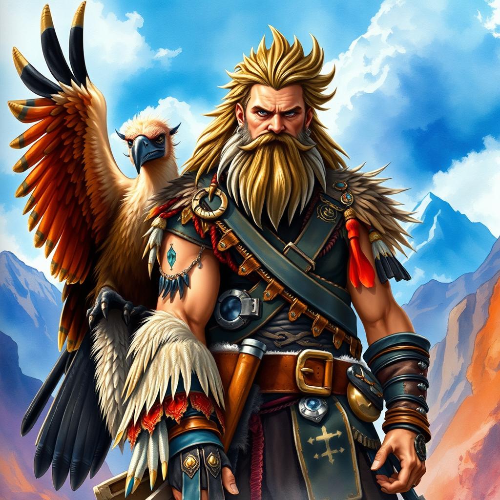 A powerful and badass fantasy character accompanied by a striking bearded vulture
