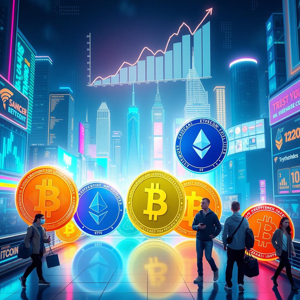 A vibrant digital art scene depicting various cryptocurrencies as colorful coins shining in the light