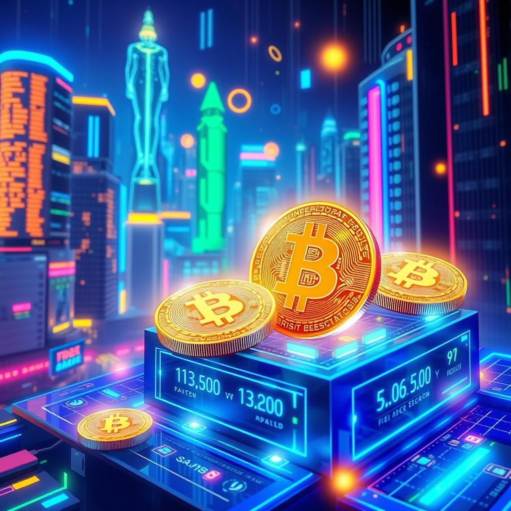 A futuristic digital art representation of cryptocurrency, showcasing glowing coins, blockchain elements, and a vibrant cityscape in the background