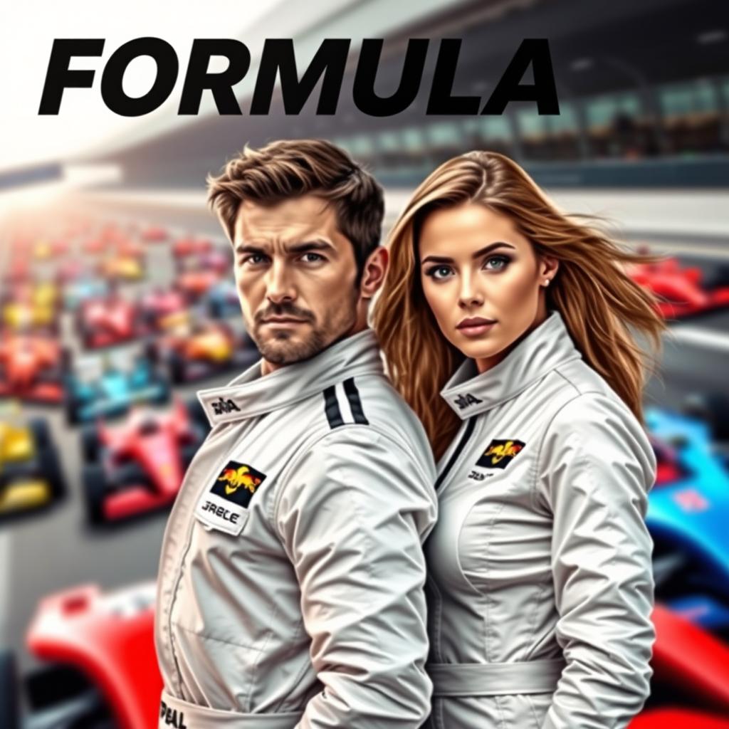 A vibrant and dynamic book cover for a Formula 1 themed novel, featuring a man and a woman together, both wearing sleek white racing uniforms