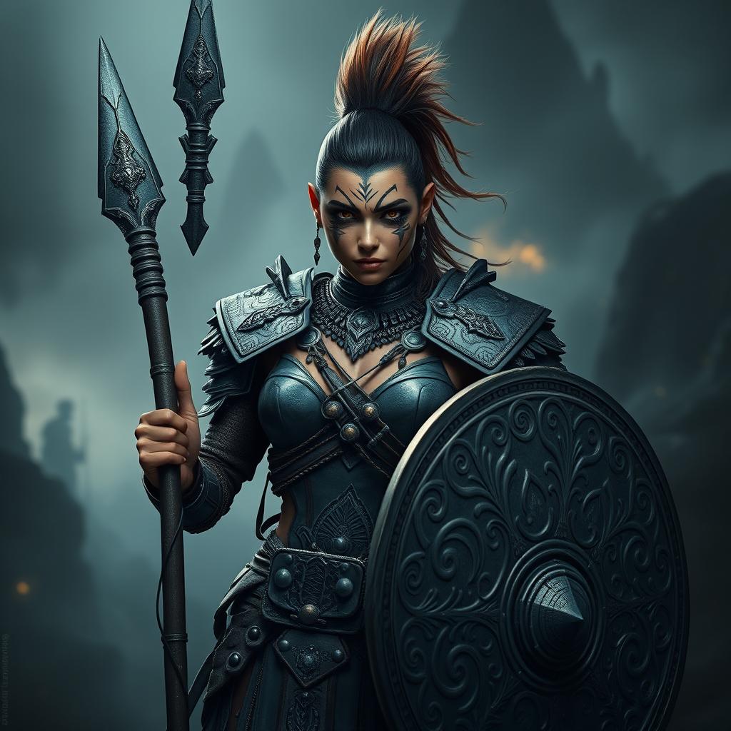 A striking female Shadar-kai warrior with a mohawk ponytail, holding a beautifully crafted Fither spear and a decorative shield