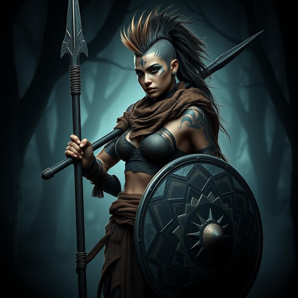 A fierce female Shadar-kai warrior standing confidently, wielding a unique Fither spear and a beautifully designed shield