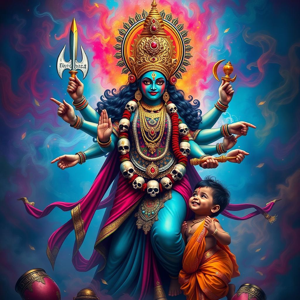 A majestic and vibrant depiction of Goddess Kali, the Hindu goddess of time, change, and destruction