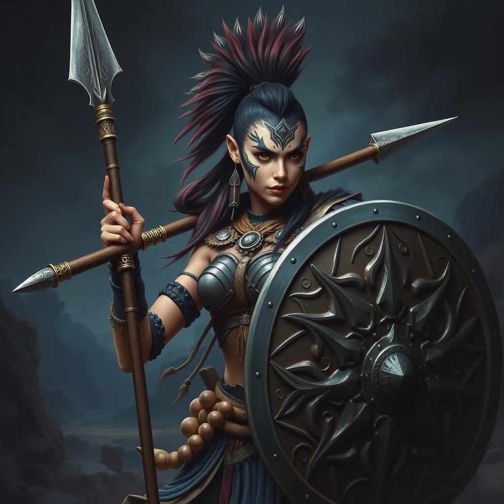 A fierce female warrior from the Shadar-kai culture, standing confidently in a dramatic, dark fantasy landscape