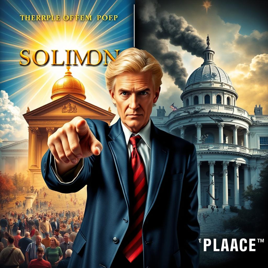 A striking book cover design featuring a dramatic juxtaposition: on the left side, a radiant depiction of the Temple of Solomon bustling with people, gleaming under sunlight