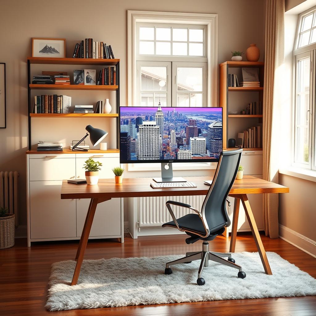 A modern home office setting featuring a sleek wooden desk, illuminated by warm natural light coming from a large window