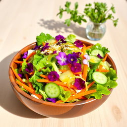 A colorful and fresh Kabi salad featuring vibrant green cabbage, carrots, cucumber, and edible flower petals, beautifully arranged in a rustic wooden bowl