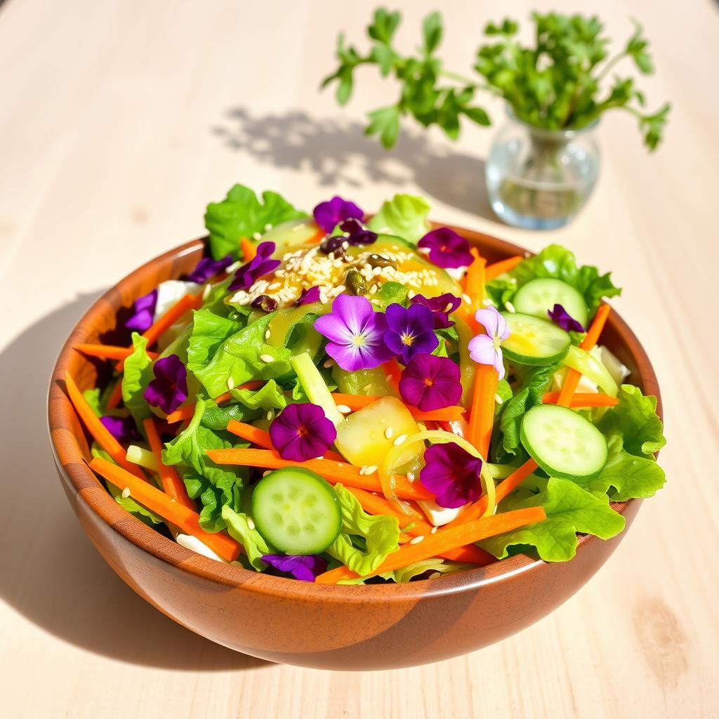 A colorful and fresh Kabi salad featuring vibrant green cabbage, carrots, cucumber, and edible flower petals, beautifully arranged in a rustic wooden bowl