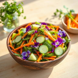 A colorful and fresh Kabi salad featuring vibrant green cabbage, carrots, cucumber, and edible flower petals, beautifully arranged in a rustic wooden bowl
