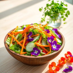 A colorful and fresh Kabi salad featuring vibrant green cabbage, carrots, cucumber, and edible flower petals, beautifully arranged in a rustic wooden bowl