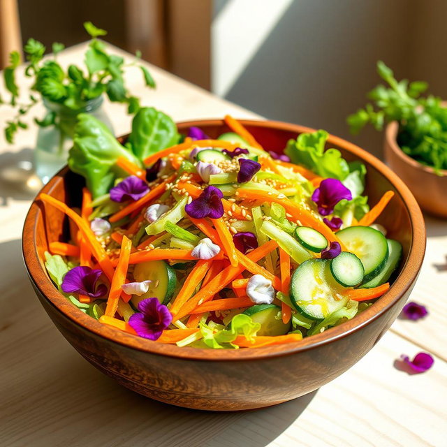 A colorful and fresh Kabi salad featuring vibrant green cabbage, carrots, cucumber, and edible flower petals, beautifully arranged in a rustic wooden bowl
