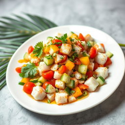 A delicious and colorful Kabi crab salad, beautifully presented on a modern white plate