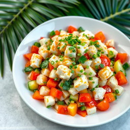 A delicious and colorful Kabi crab salad, beautifully presented on a modern white plate