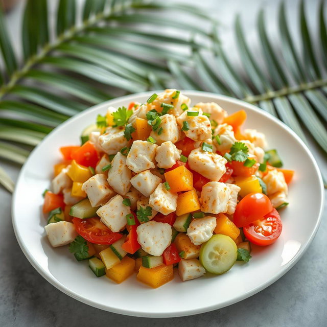 A delicious and colorful Kabi crab salad, beautifully presented on a modern white plate