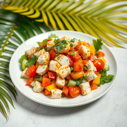 A delicious and colorful Kabi crab salad, beautifully presented on a modern white plate