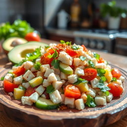 A vibrant and appetizing plate of Kabi crab salad, featuring fresh, succulent crab meat mixed with a medley of colorful vegetables such as ripe avocado, cucumber, and cherry tomatoes