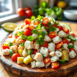A vibrant and appetizing plate of Kabi crab salad, featuring fresh, succulent crab meat mixed with a medley of colorful vegetables such as ripe avocado, cucumber, and cherry tomatoes