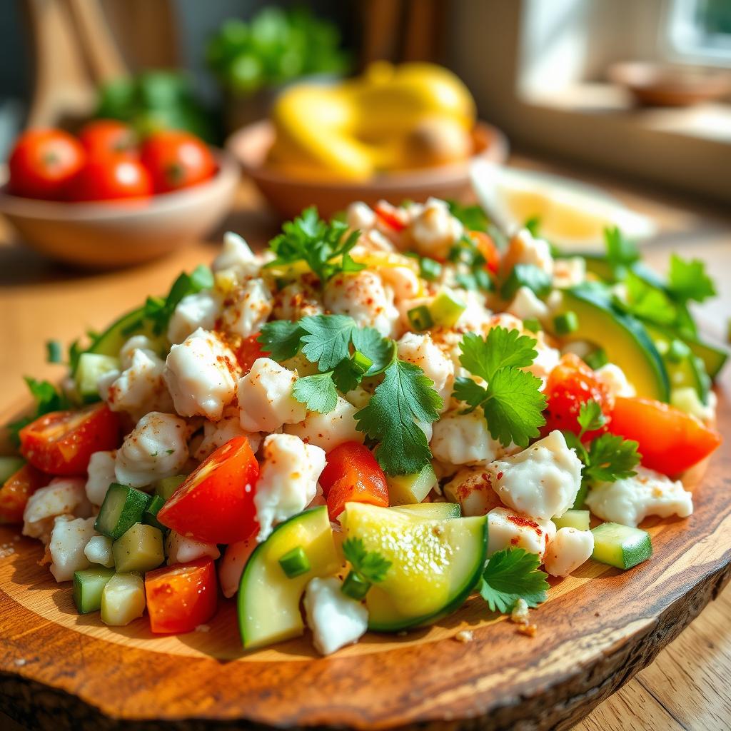 A vibrant and appetizing plate of Kabi crab salad, featuring fresh, succulent crab meat mixed with a medley of colorful vegetables such as ripe avocado, cucumber, and cherry tomatoes