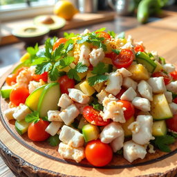 A vibrant and appetizing plate of Kabi crab salad, featuring fresh, succulent crab meat mixed with a medley of colorful vegetables such as ripe avocado, cucumber, and cherry tomatoes