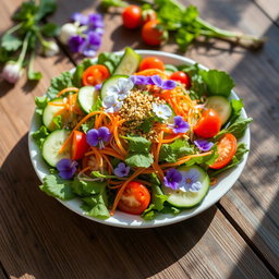 A beautifully arranged Kabi salad, featuring vibrant mixed greens, sliced cucumbers, cherry tomatoes, shredded carrots, and delicate edible flowers for garnish