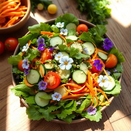 A beautifully arranged Kabi salad, featuring vibrant mixed greens, sliced cucumbers, cherry tomatoes, shredded carrots, and delicate edible flowers for garnish