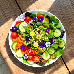 A beautifully arranged Kabi salad, featuring vibrant mixed greens, sliced cucumbers, cherry tomatoes, shredded carrots, and delicate edible flowers for garnish