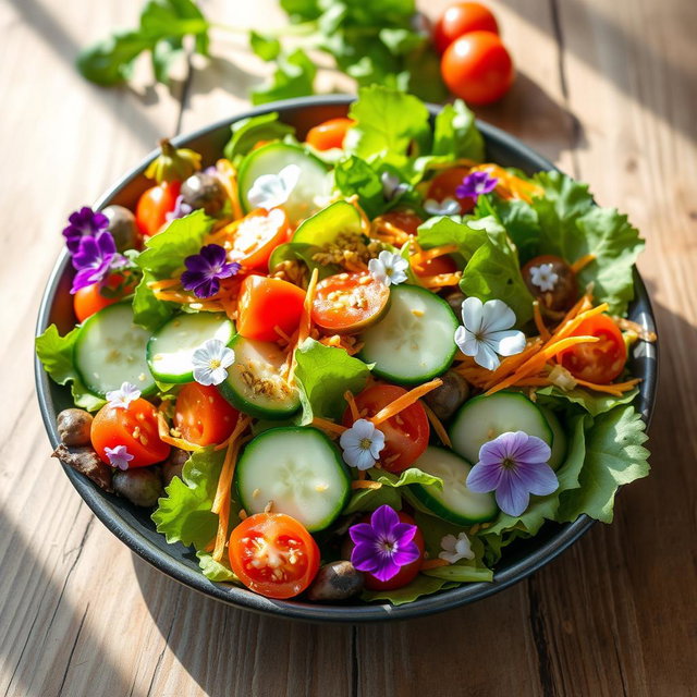 A beautifully arranged Kabi salad, featuring vibrant mixed greens, sliced cucumbers, cherry tomatoes, shredded carrots, and delicate edible flowers for garnish