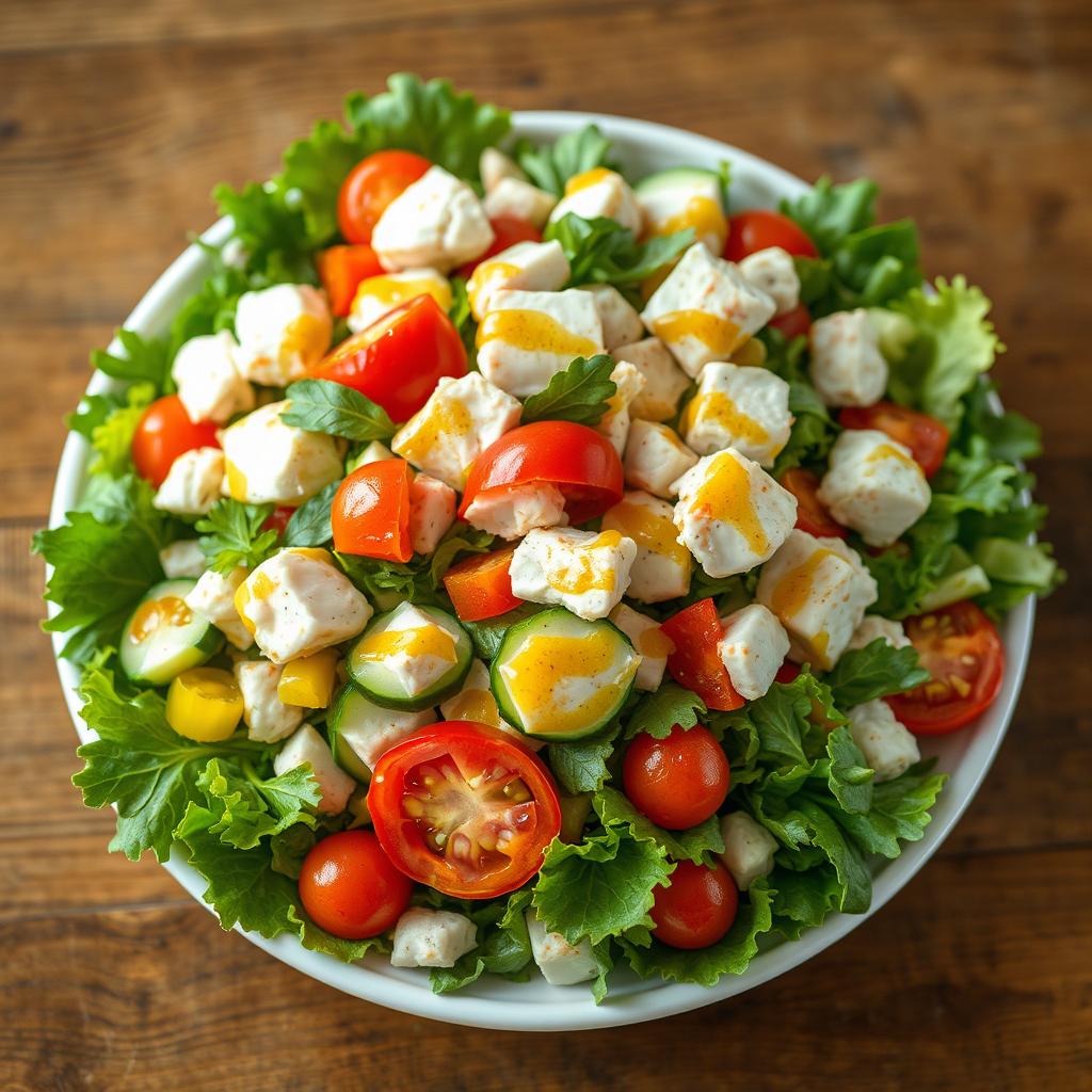 A beautifully arranged crab salad featuring vibrant colors