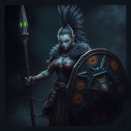 A fierce Shadar-kai warrior with striking grey skin, showcasing an impressive female mohawk styled as a ponytail