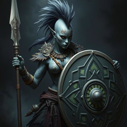A fierce Shadar-kai warrior with striking grey skin, showcasing an impressive female mohawk styled as a ponytail