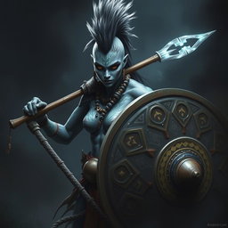 A fierce Shadar-kai warrior with striking grey skin, showcasing an impressive female mohawk styled as a ponytail