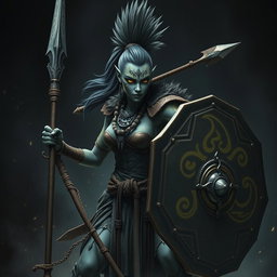 A fierce Shadar-kai warrior with striking grey skin, showcasing an impressive female mohawk styled as a ponytail