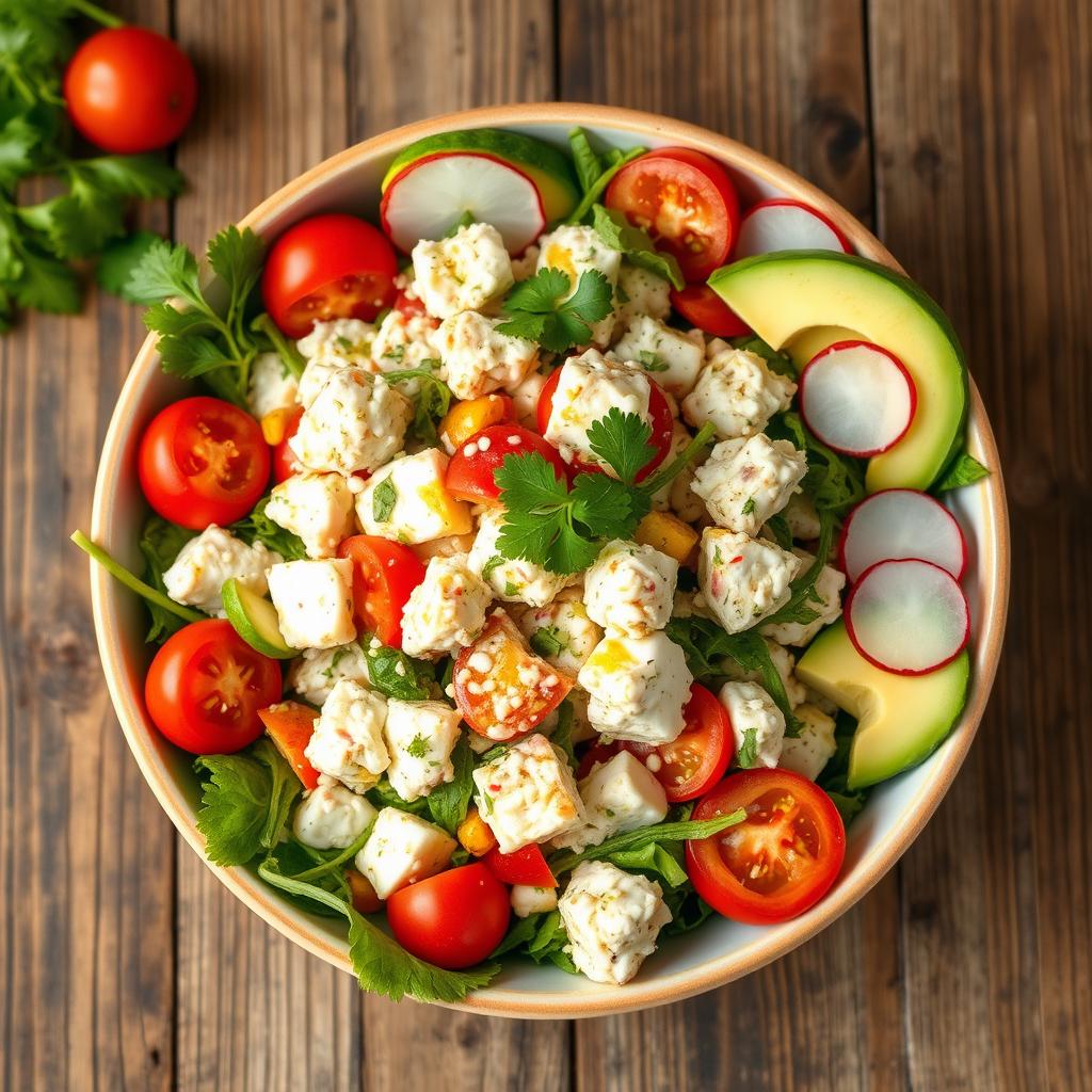 A vibrant and mouth-watering crab salad featuring fresh, succulent crab meat mixed with crisp greens, juicy cherry tomatoes, and slices of avocado