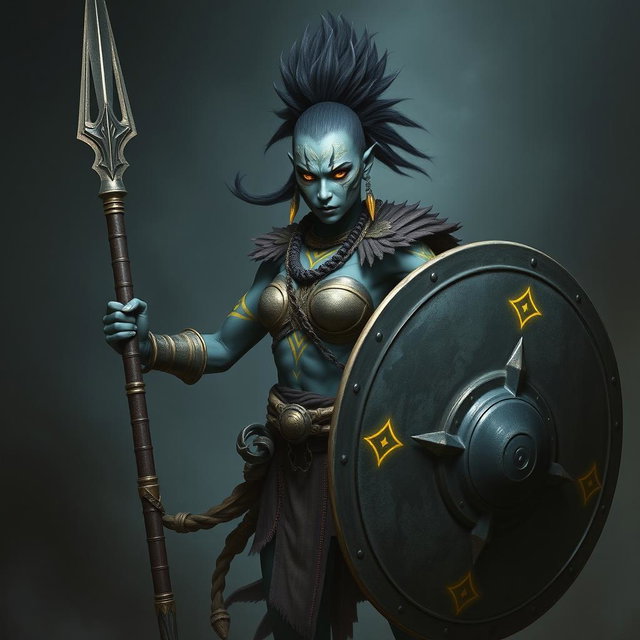 A dynamic Shadar-kai female warrior with striking grey skin, styled in a fierce mohawk ponytail