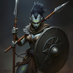 A dynamic Shadar-kai female warrior with striking grey skin, styled in a fierce mohawk ponytail