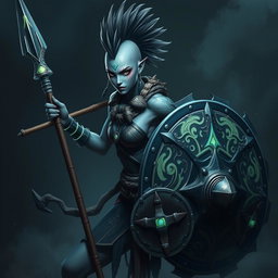 A dynamic Shadar-kai female warrior with striking grey skin, styled in a fierce mohawk ponytail