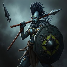 A dynamic Shadar-kai female warrior with striking grey skin, styled in a fierce mohawk ponytail
