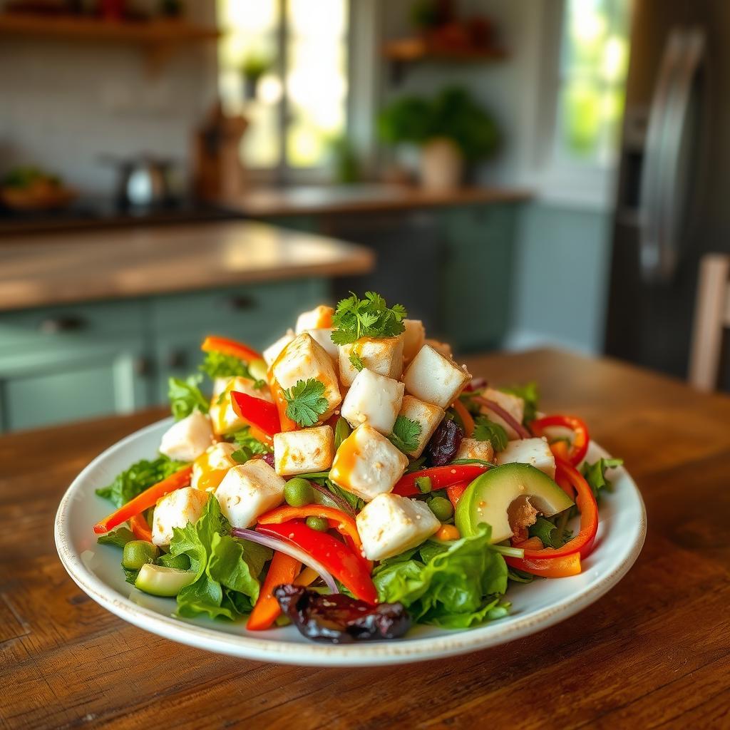 A beautifully plated kani salad featuring fresh crab meat, vibrant mixed greens, and colorful vegetables like bell peppers, cucumber, and avocado