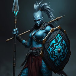 A fierce Shadar-kai female warrior with striking grey skin, showcasing a bold mohawk styled as a ponytail