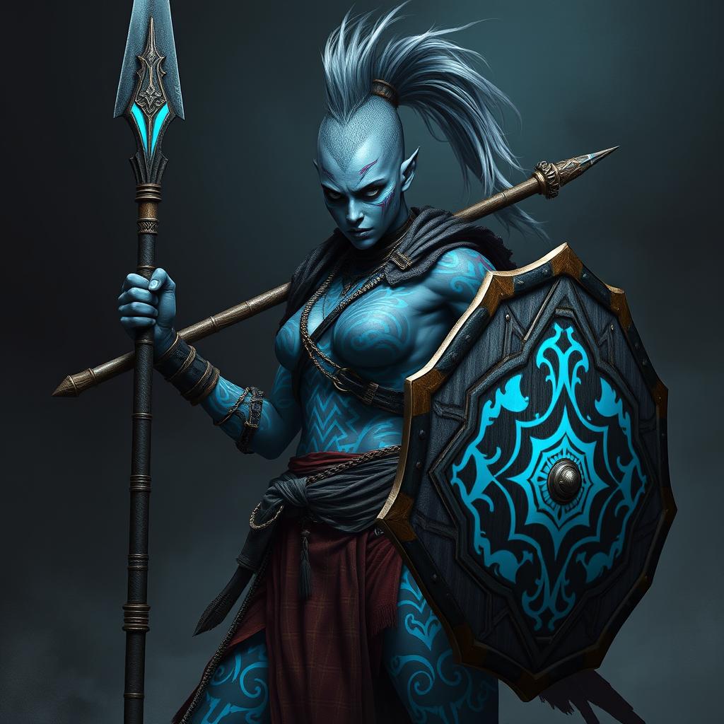 A fierce Shadar-kai female warrior with striking grey skin, showcasing a bold mohawk styled as a ponytail