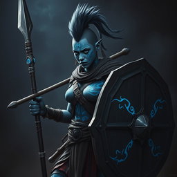 A fierce Shadar-kai female warrior with striking grey skin, showcasing a bold mohawk styled as a ponytail